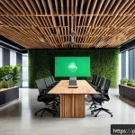 지속가능성 컨설팅과 글로벌 경제 - A modern corporate office interior focused on sustainability, featuring diverse professionals in bus...
