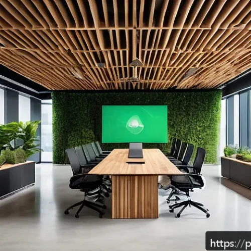 지속가능성 컨설팅과 글로벌 경제 - A modern corporate office interior focused on sustainability, featuring diverse professionals in bus...