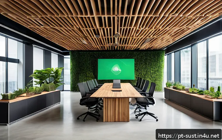 지속가능성 컨설팅과 글로벌 경제 - A modern corporate office interior focused on sustainability, featuring diverse professionals in bus...