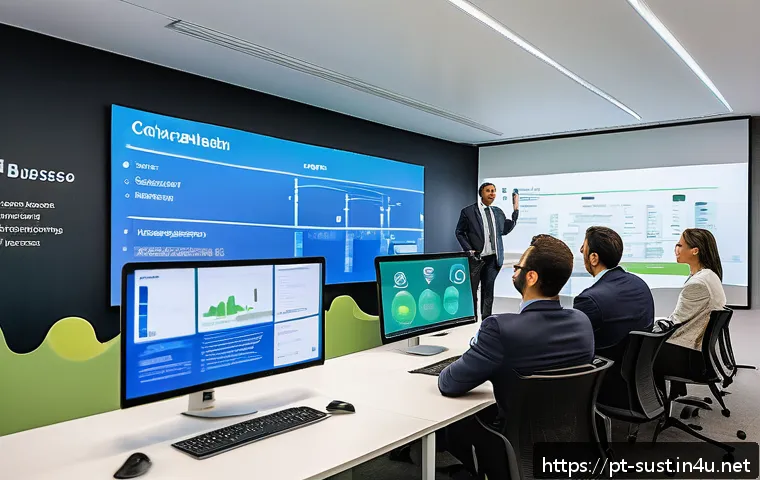 지속가능성 컨설팅 고객 관리 노하우 - A modern corporate sustainability workshop scene inside a bright, spacious office in São Paulo, Braz...